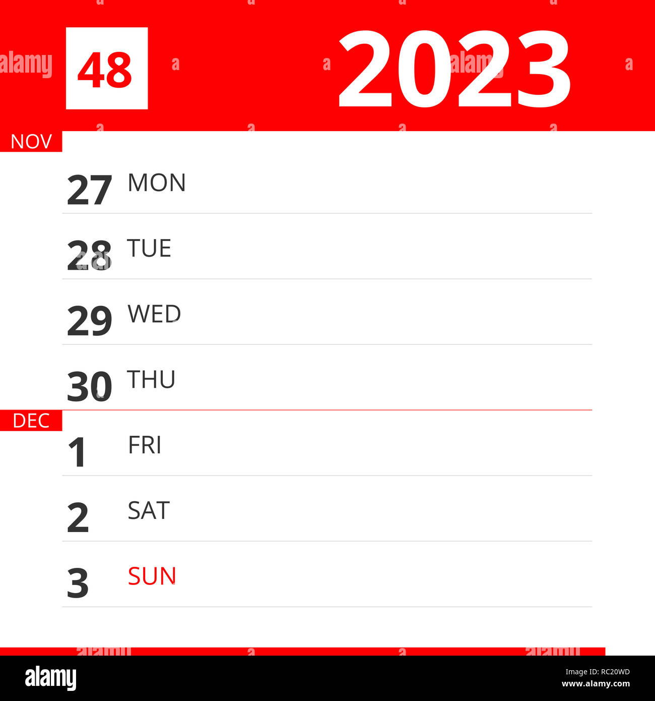 Calendrier Semaine Décembre 2023 Planificateur De Calendrier Pour La Semaine 48 En 2030, Se Termine Le 1  Décembre 2030 Photo Stock - Alamy