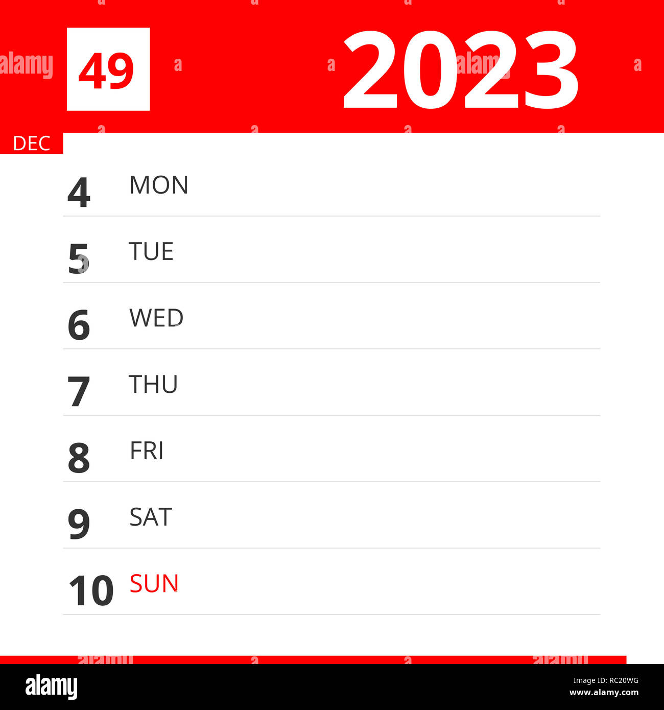 Planificateur de calendrier pour la semaine 49 en 2023, se termine le