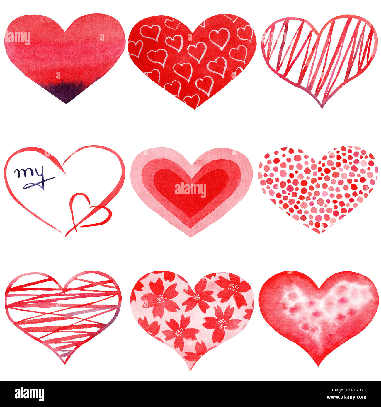 Ensemble d'aquarelle peint main cœur rouge. Symbole de l'amour. Objets isolés parfait pour la Saint-Valentin invitation romantique ou cartes postales. Banque D'Images