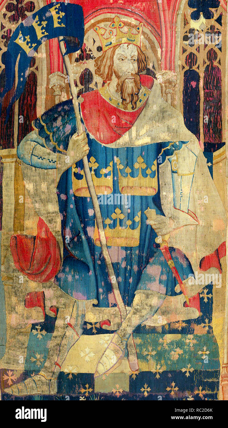 Tapisserie montrant le roi Arthur comme un des neuf dignes, portant un blason souvent attribué à lui (c. 1385) Le Roi Arthur leader britannique légendaire Banque D'Images