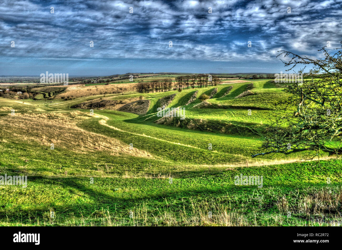 Lynchets bande sur la colline près de Bishopstone, North Wiltshire. (Traitée comme une image HDR). Banque D'Images