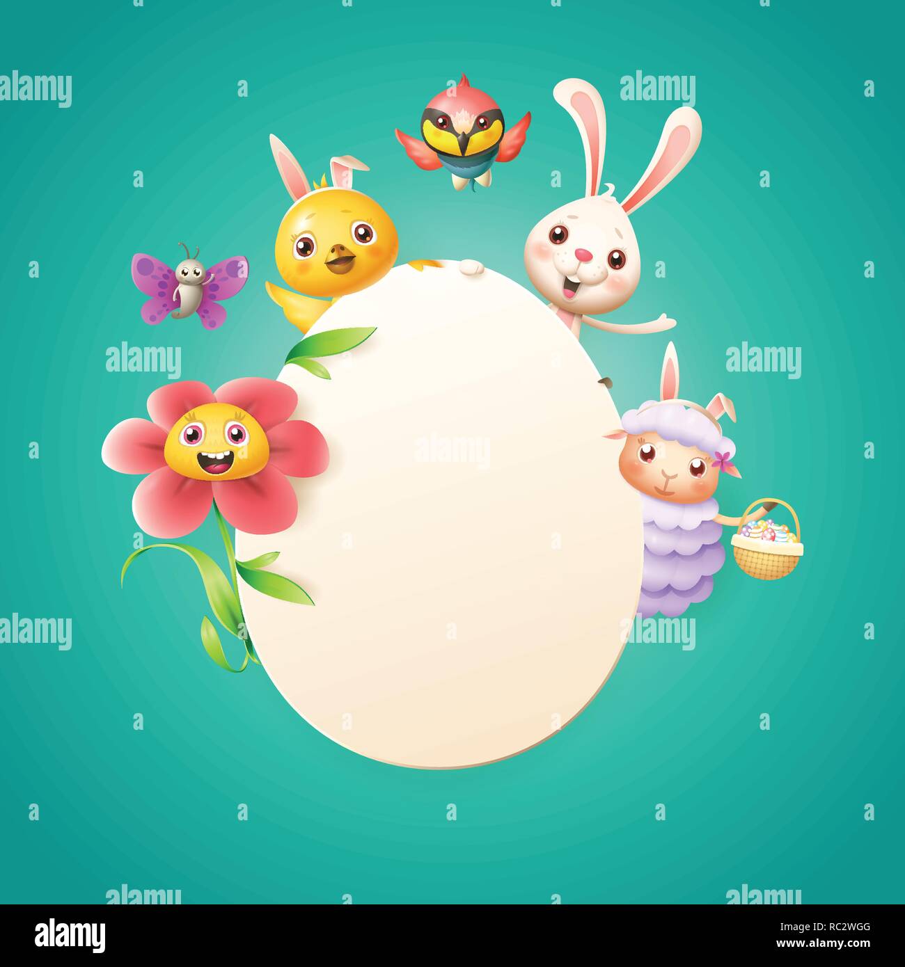 Modèle de carte de Pâques - Lapin de Pâques, poulet, mouton, fleurs oiseaux guêpier et papillon fêter Pâques autour de oeuf - fond turqouise Illustration de Vecteur