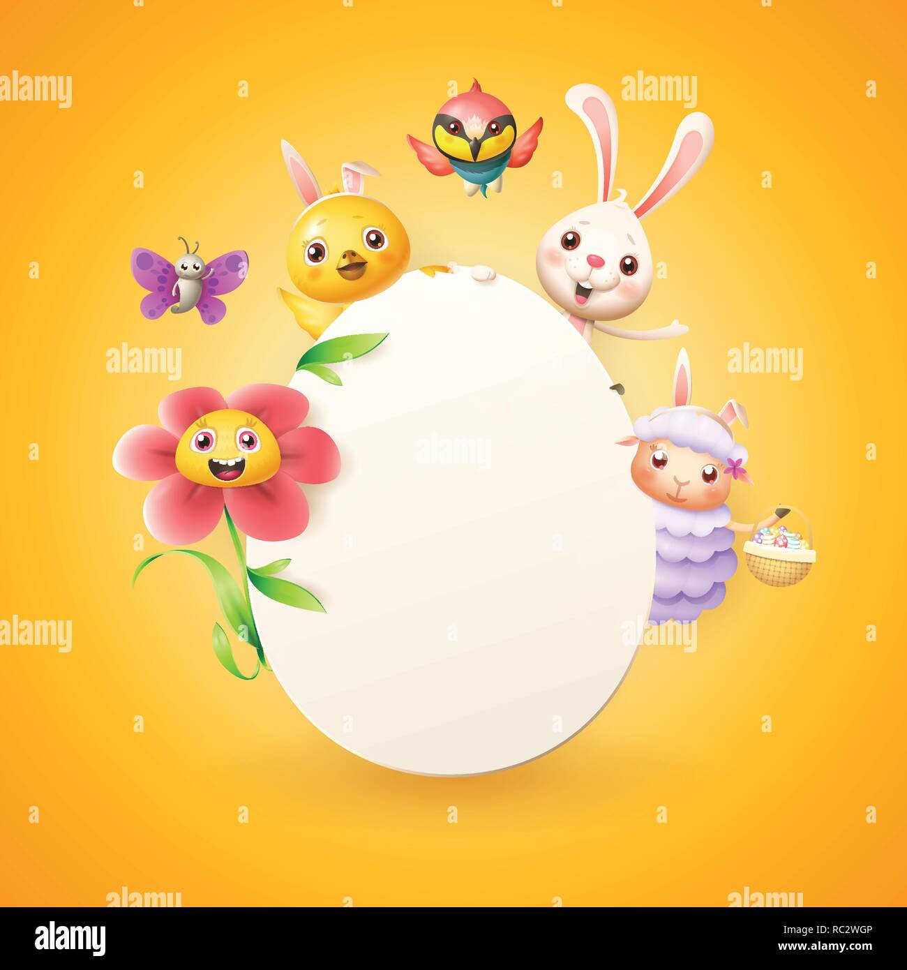Modèle de carte de Pâques - Lapin de Pâques, poulet, mouton, fleurs oiseaux guêpier et papillon fêter Pâques autour d'egg - isolé sur l'orange-jaune backg Illustration de Vecteur