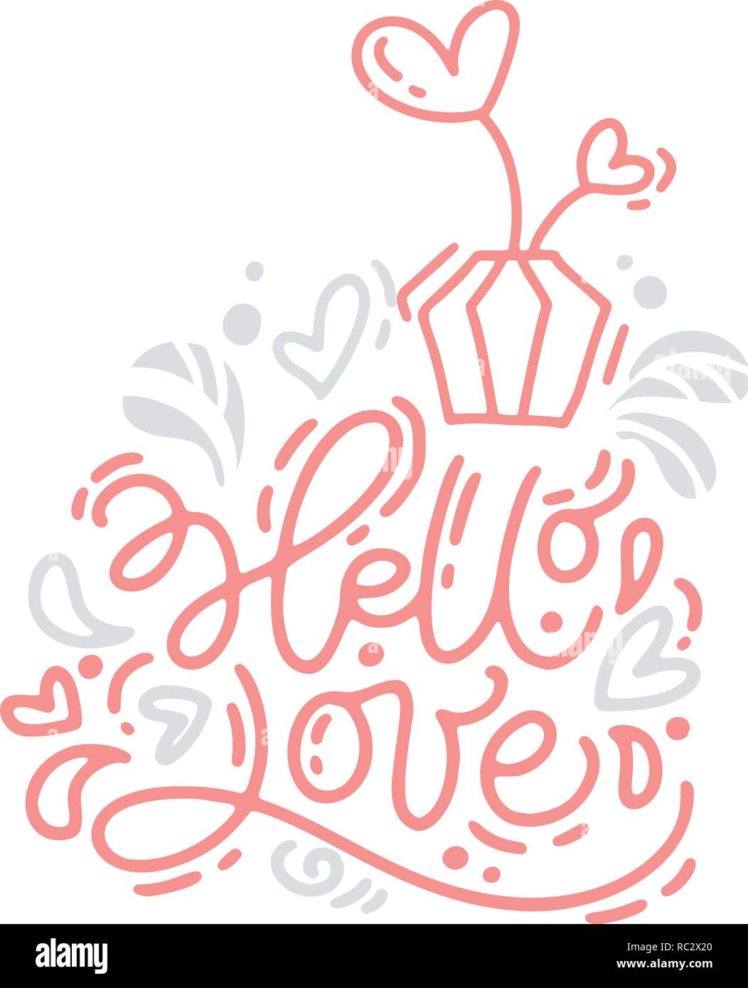 Expression calligraphie monolines vecteur Bonjour Amour avec Valentine logo. Valentines Day lettrage dessiné à la main. Coeur Maison de croquis Design card doodle. Illustration isolé pour un décor de mariage, web et print Illustration de Vecteur