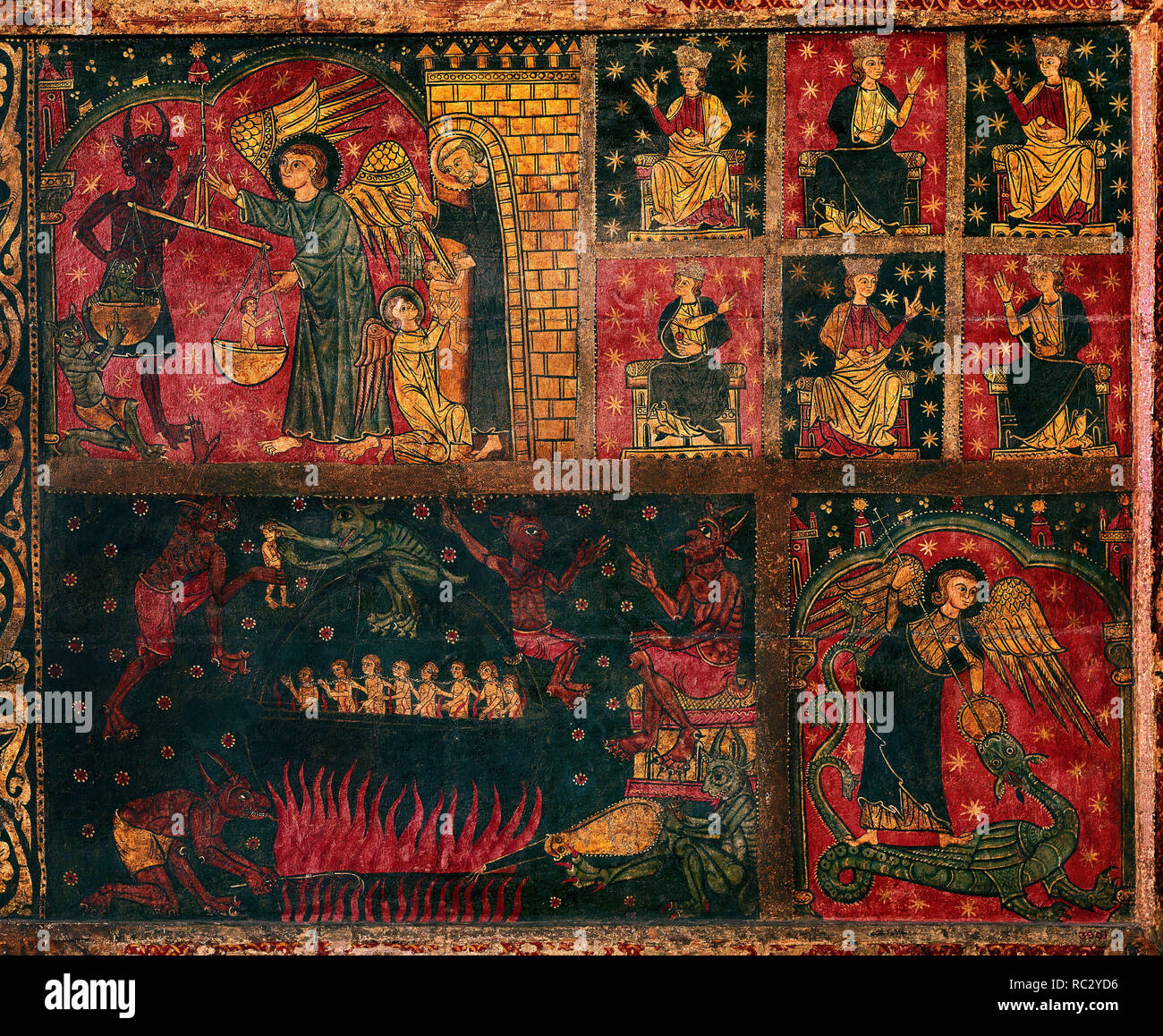 Fronton de San Miguel de Soriguerola. La pesée des âmes. La lutte contre le diable. Des scènes de l'enfer. 13e siècle. Barcelone, Catalogne Museum of Art Auteur : MAESTRO DE SORIGUEROLA. Endroit : Museu Nacional d'Art de Catalogne. Barcelone. L'ESPAGNE. Banque D'Images