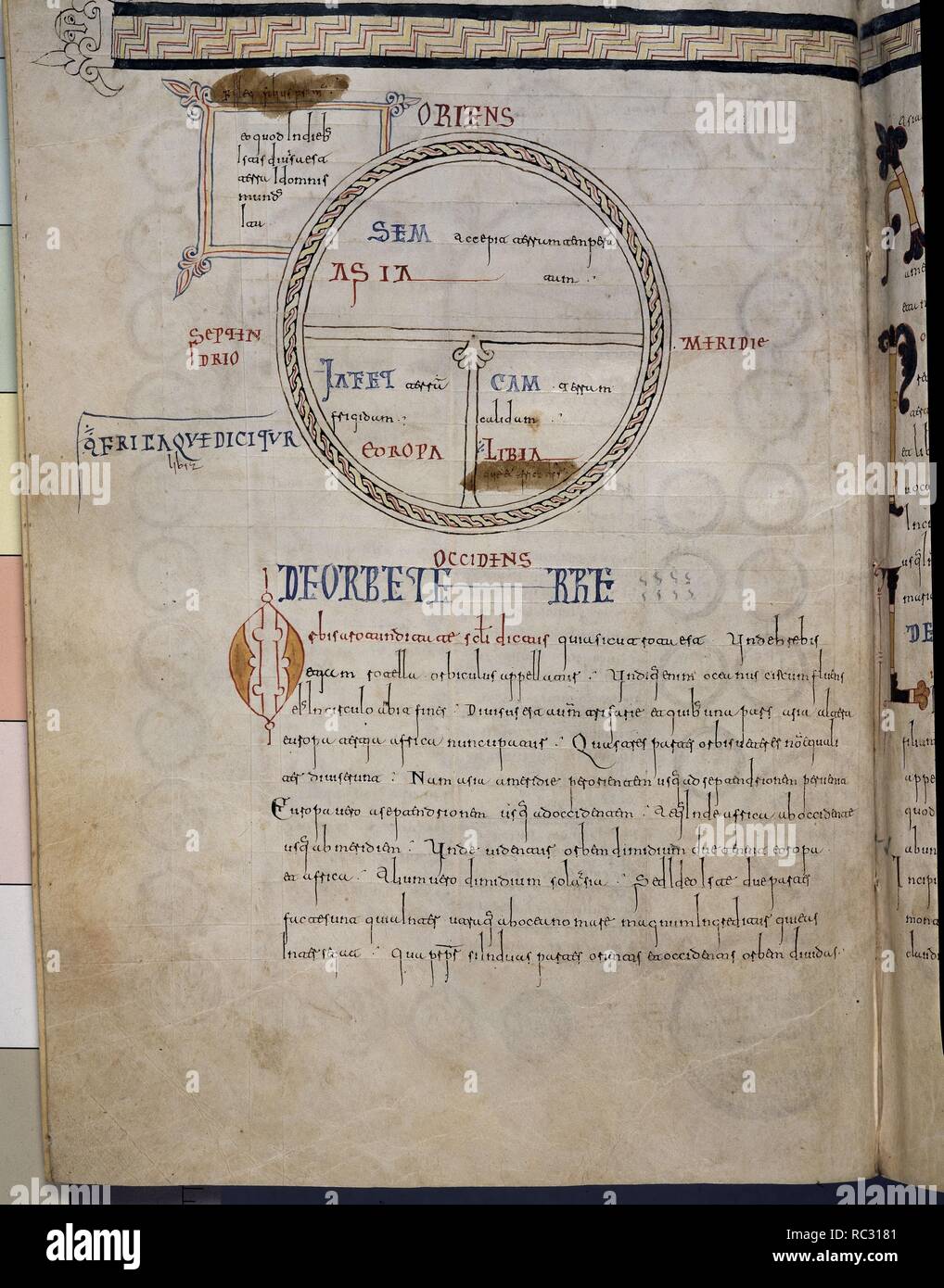 PAGINA IN COPIADA CALIGRAFIA CAROLINGIA DE LA HISTORIA LIBRI VII ADVERSUS PAGANUS-F200V-MISCELANEO LA MORUE DE RODA.MAPA:SEM JAFET,CAM,PUEBLAN TIERRA EMR. Auteur : OROSIO PAULO. Emplacement : ACADEMIA DE LA HISTORIA-COLECCION. MADRID. L'ESPAGNE. Banque D'Images
