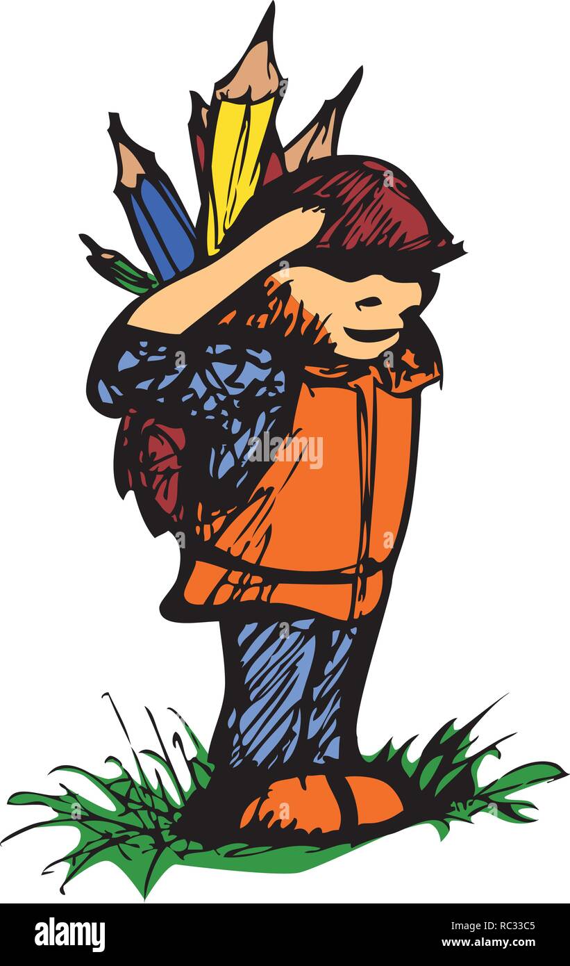 Croquis de couleur d'un gnome comme soldat avec crayon dans son jziprian backback par Illustration de Vecteur