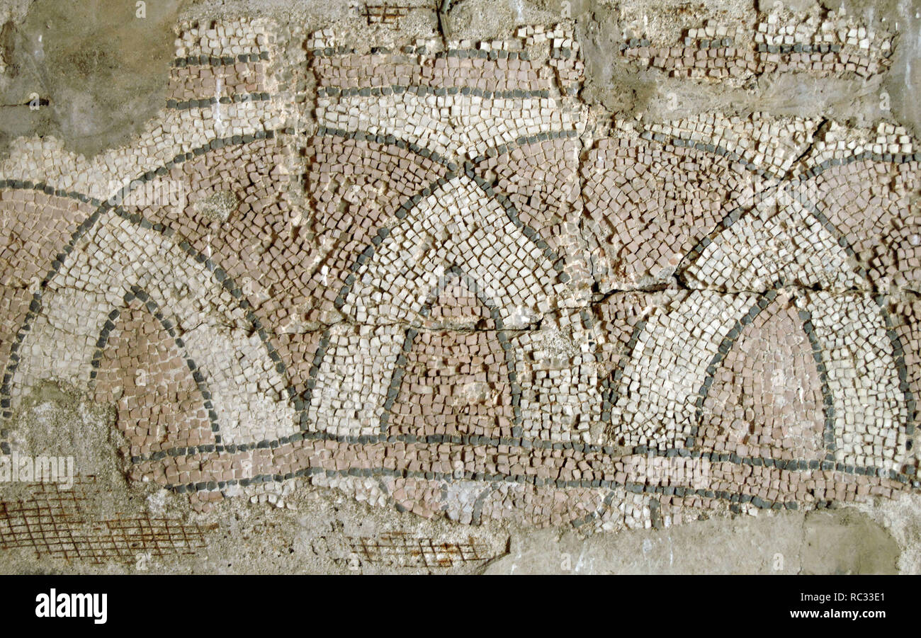 L'art romain mosaïque dans la cour de la Musée de Butrint. Détail. L'Albanie. Banque D'Images