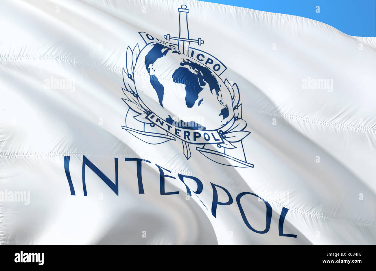 Brandir le drapeau d'Interpol dans le vent, rendu 3D. L'Europe d'Interpol. Europe Service Secret. Central Intelligence Agency. Service de sécurité et internationa Banque D'Images