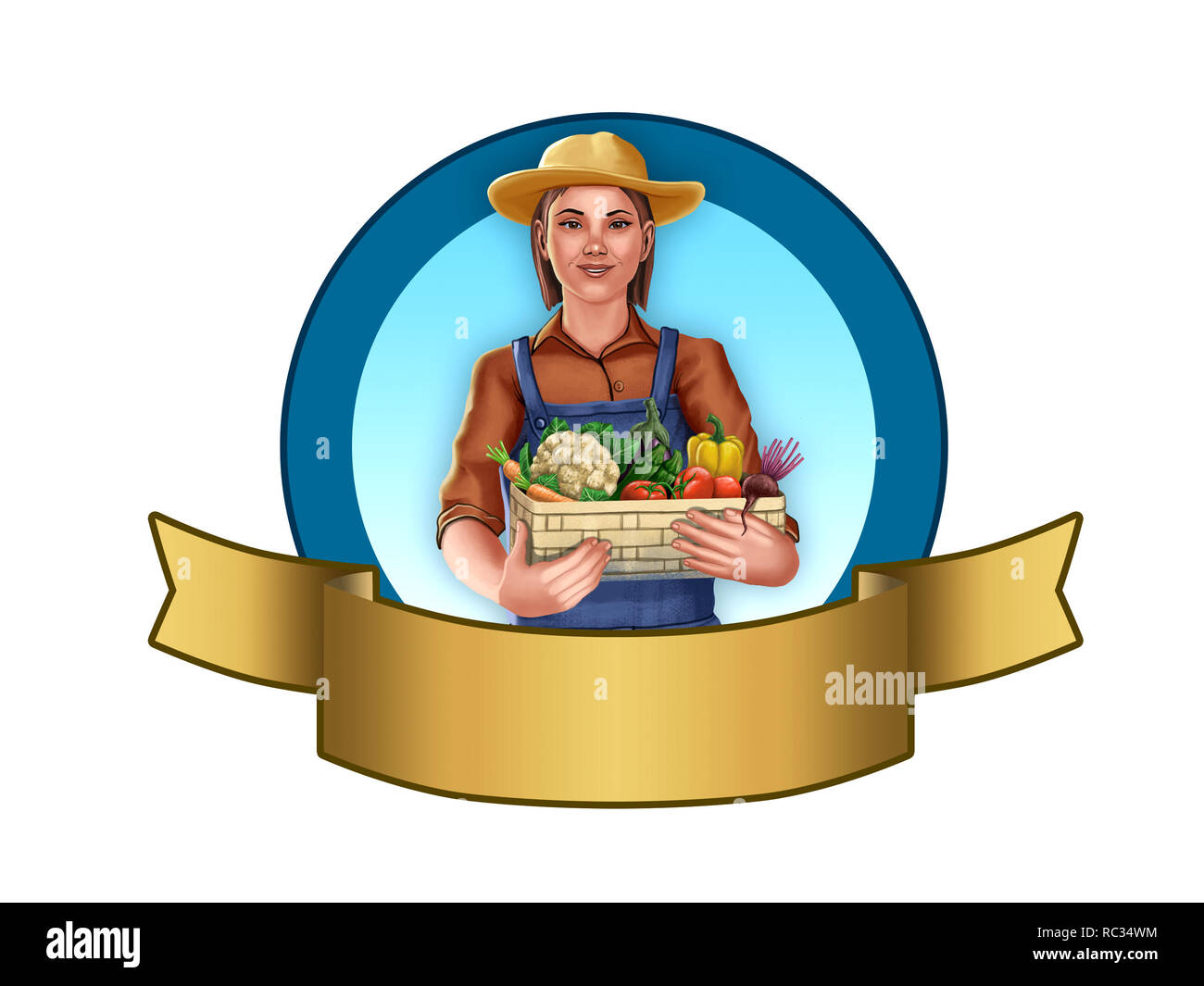 Farmer girl holding un panier de légumes. L'étiquette avec l'espace vide pour insérer votre texte. Illustration numérique, chemin de détourage inclus. Banque D'Images
