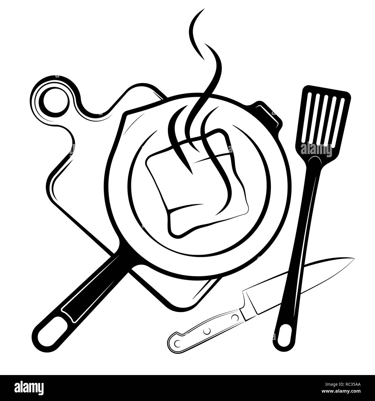 Logo pour le menu ou un restaurant. Poêle et une pelle pour la friture. Le noir et blanc Illustration de Vecteur