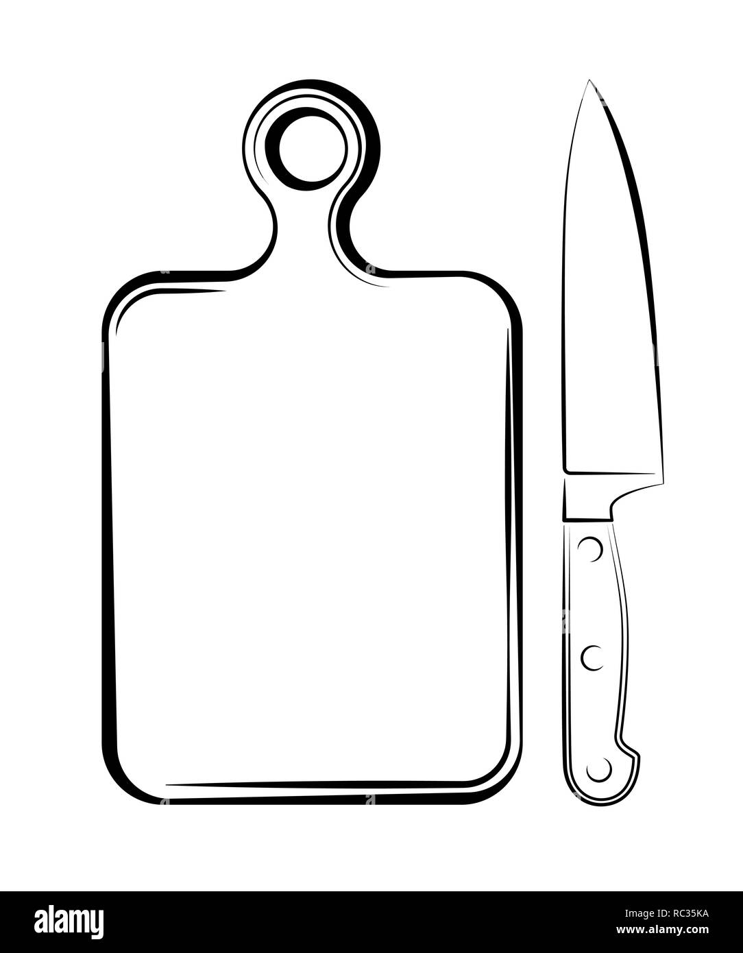 Un couteau bien aiguisé et une planche à découper dans la cuisine du restaurant de l'hôtel. Logo noir et blanc vierge. Le processus de cuisson. Illustration de Vecteur