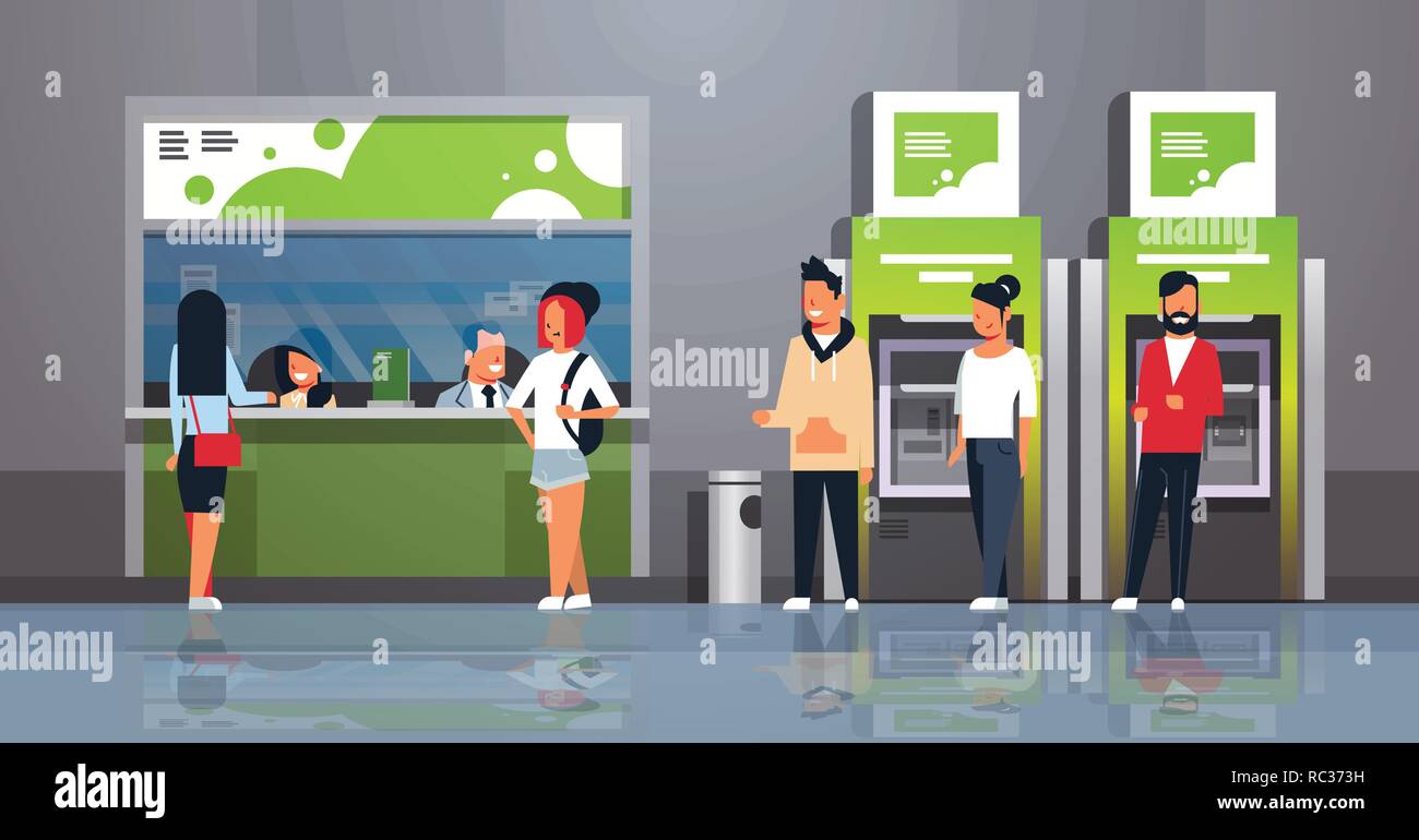 Les gens de la file d'attente à la caisse et caisse centre financier de la fenêtre de l'argent le service clientèle transactions banque moderne office interior matériel bancaire ATM Illustration de Vecteur