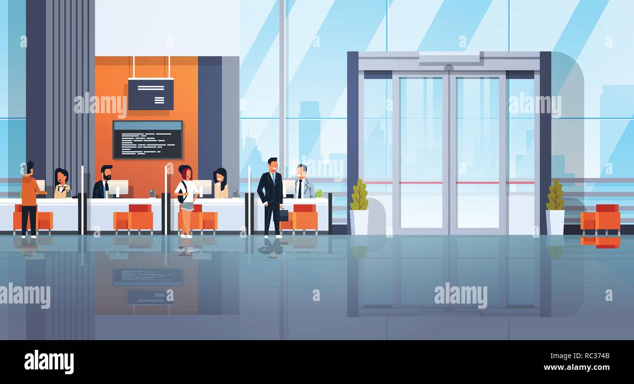Les visiteurs et les gestionnaires de centre financier communication bancaire service crédit service à la clientèle consultation windows office banque moderne interio Illustration de Vecteur