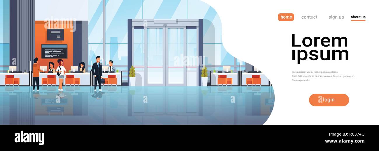 Les visiteurs et les gestionnaires de centre financier communication bancaire service crédit service à la clientèle consultation windows office banque moderne interio Illustration de Vecteur