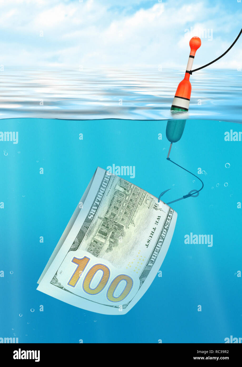 Piège financier concept créatif, la pêche avec de l'argent sur le crochet, sous l'eau voir Banque D'Images