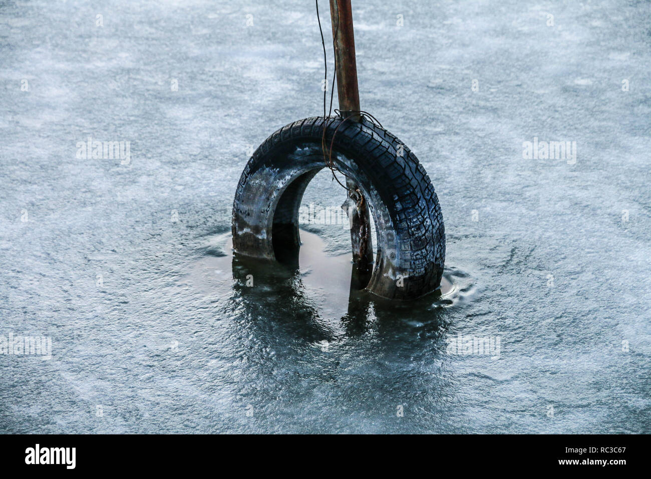 Vieux pneu noir sur l'eau dans le lac gelé en hiver. Banque D'Images