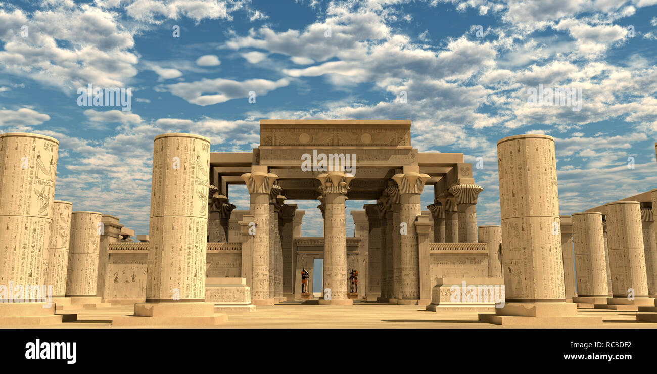 Temple d'anciens pharaons - Un temple de l'Ancien Empire égyptien plein de statues de dieux anciens et de hiéroglyphes sur les colonnes. Banque D'Images