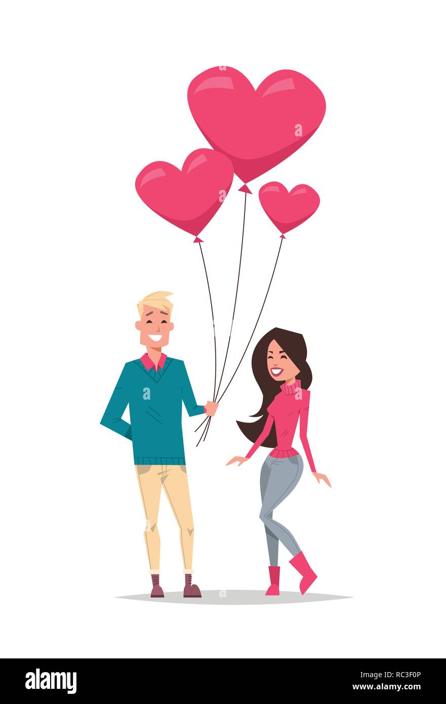 Man giving woman pink forme de coeur ballons happy valentines day concept de vacances jeune couple amoureux isolé verticale pleine longueur Illustration de Vecteur