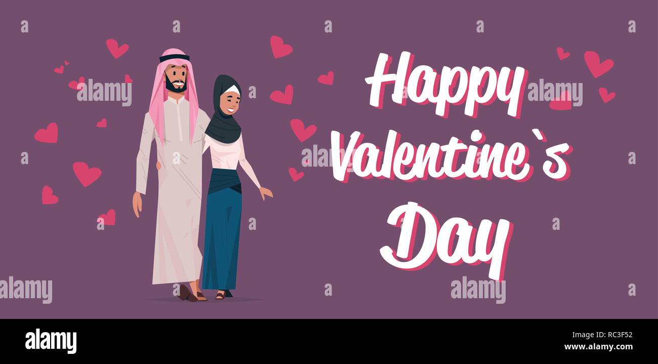 L'arabe couple in love happy valentines day concept arabe a woman standing ensemble au cœur de formes de personnages de dessins animés et horizontale sur toute la longueur Illustration de Vecteur