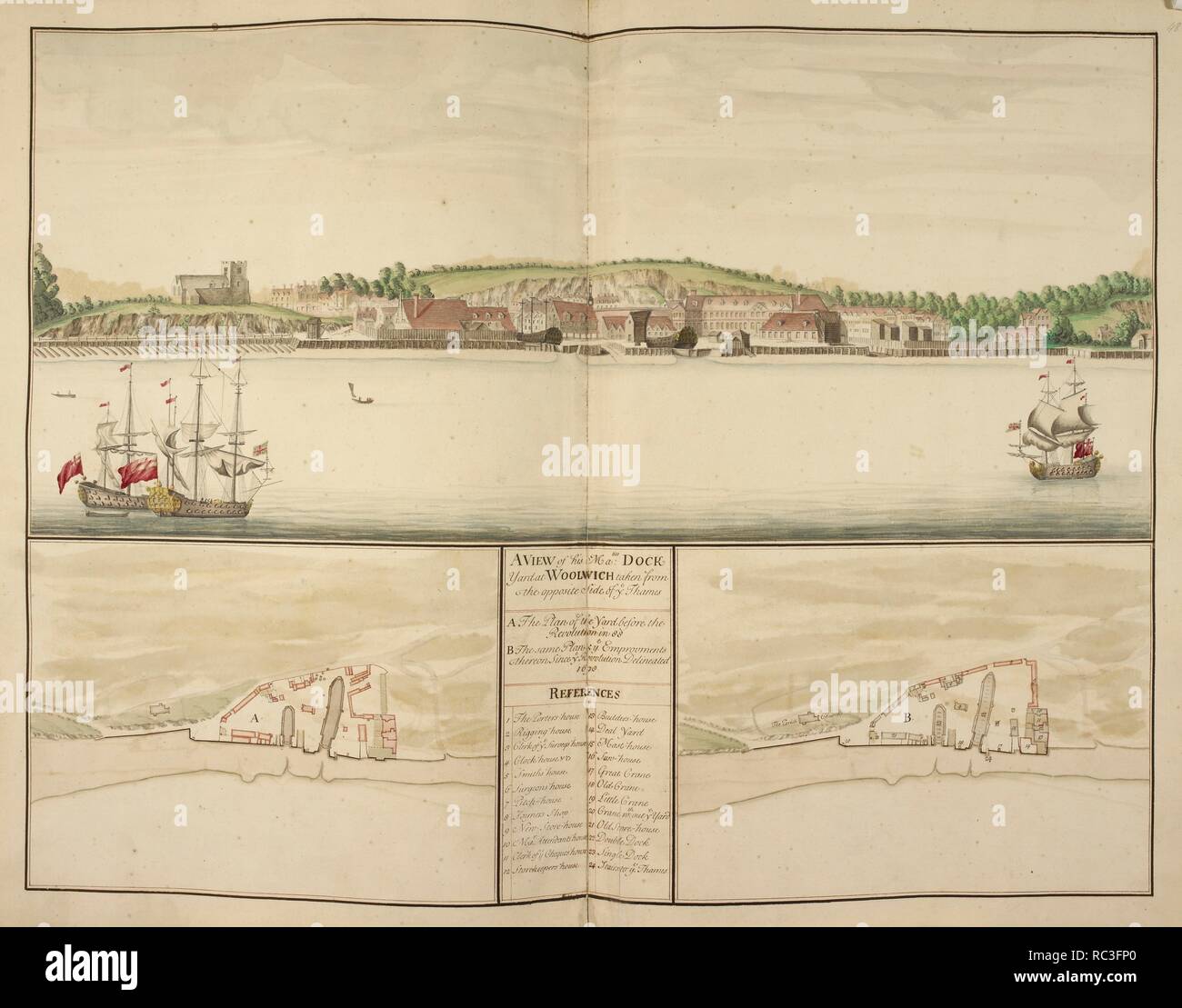Illustration de Woolwich Arsenal. Grand Londres Tamise l'arsenal. . 'Une enquête et Description des principaux ports... Une enquête et Description des principaux ports avec leurs chambres et les commodités offertes par l'établissement de l'érection, l'moaring secureing, et repose la Marine Royall d'Angleterre ... illustré par les plans et vues generall adéquate ou les perspectives de chaque lieu. . . Avec un compte de l'emprovements qui ont été faites à chaque chantier depuis la révolution 1688", rédigé en 1698. Les vues sont soigneusement dessiné, et de nombreux plans sont à grande échelle. Source : Kings 4348. Langue : Eng Banque D'Images