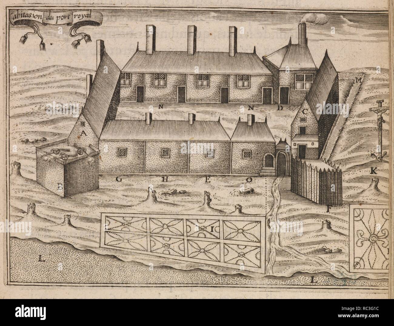 L'Habitation de Port-Royal est l'une des premières colonies de peuplement français. Aujourd'hui, c'est un lieu historique national de Port Royal dans la province canadienne de la Nouvelle-Écosse. Construit en 1613 sur la côte. . Abitasion du port Royal. Paris. Source : C.32.h.999. Langue : Français. Banque D'Images