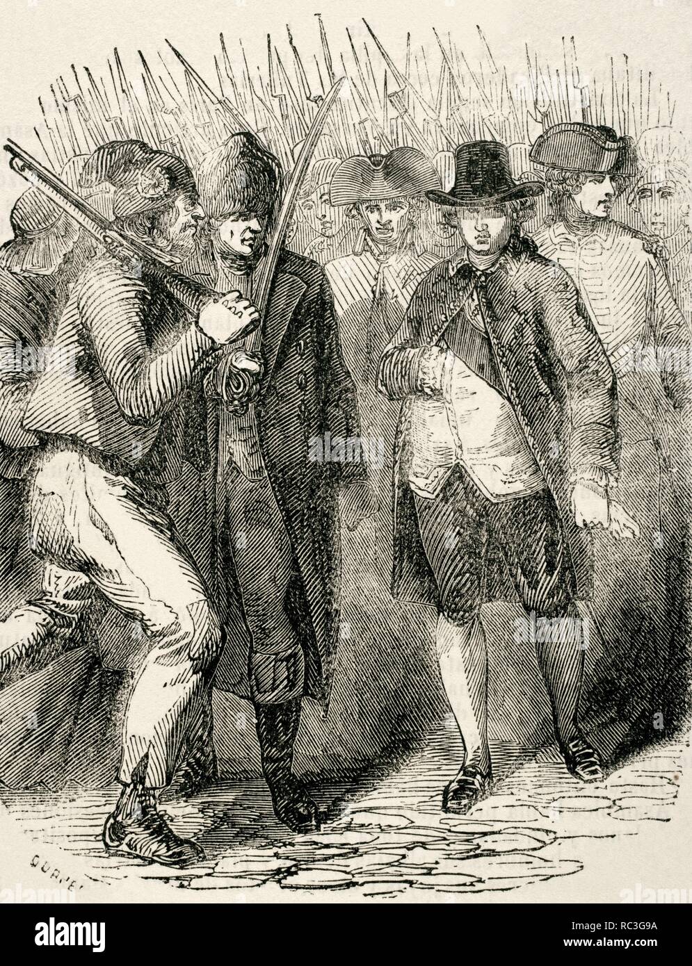 Révolution française (1789-1799). Retour de Louis XVI à Paris, après son arrestation à Varennes après sa tentative d'évasion. 25 juin, 1791. Gravure par Dupre. Bibliothèque universelle. Éditions populaires, 1851. Banque D'Images