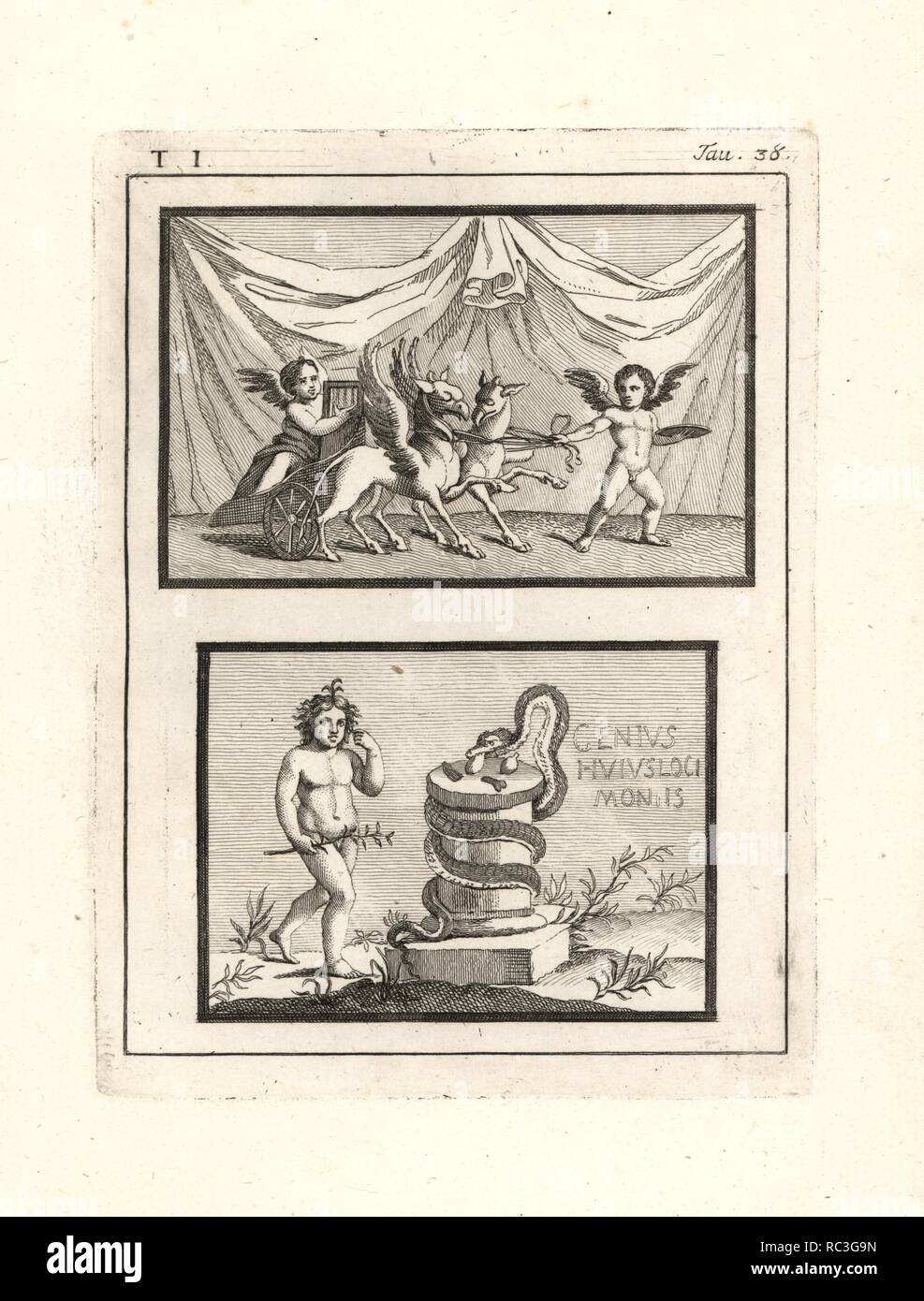 Vignettes de cupids ou génies. Au-dessus, une peinture trouvés en Resina en 1748 illustrant les génies d'Apollon, l'un avec une lyre dans un char attelé de griffins dirigé par un autre avec une plaque. Ci-dessous, trouvé dans la Resina en 1749, ce tableau montre un garçon laissant offres pour un serpent sur un autel rustique inscrit HUJUS LOCI GENIUS MONTIS ou le 'génie de cette montagne." gravée sur cuivre par Tommaso Piroli à partir de son propre 'Antichita di Ercolano" (antiquités d'Herculanum), Rome, 1789. L'artiste italien et graveur Piroli (1752-1824) a publié six volumes entre 1789 et 1807 documentation les peintures murales et des bronzes fo Banque D'Images