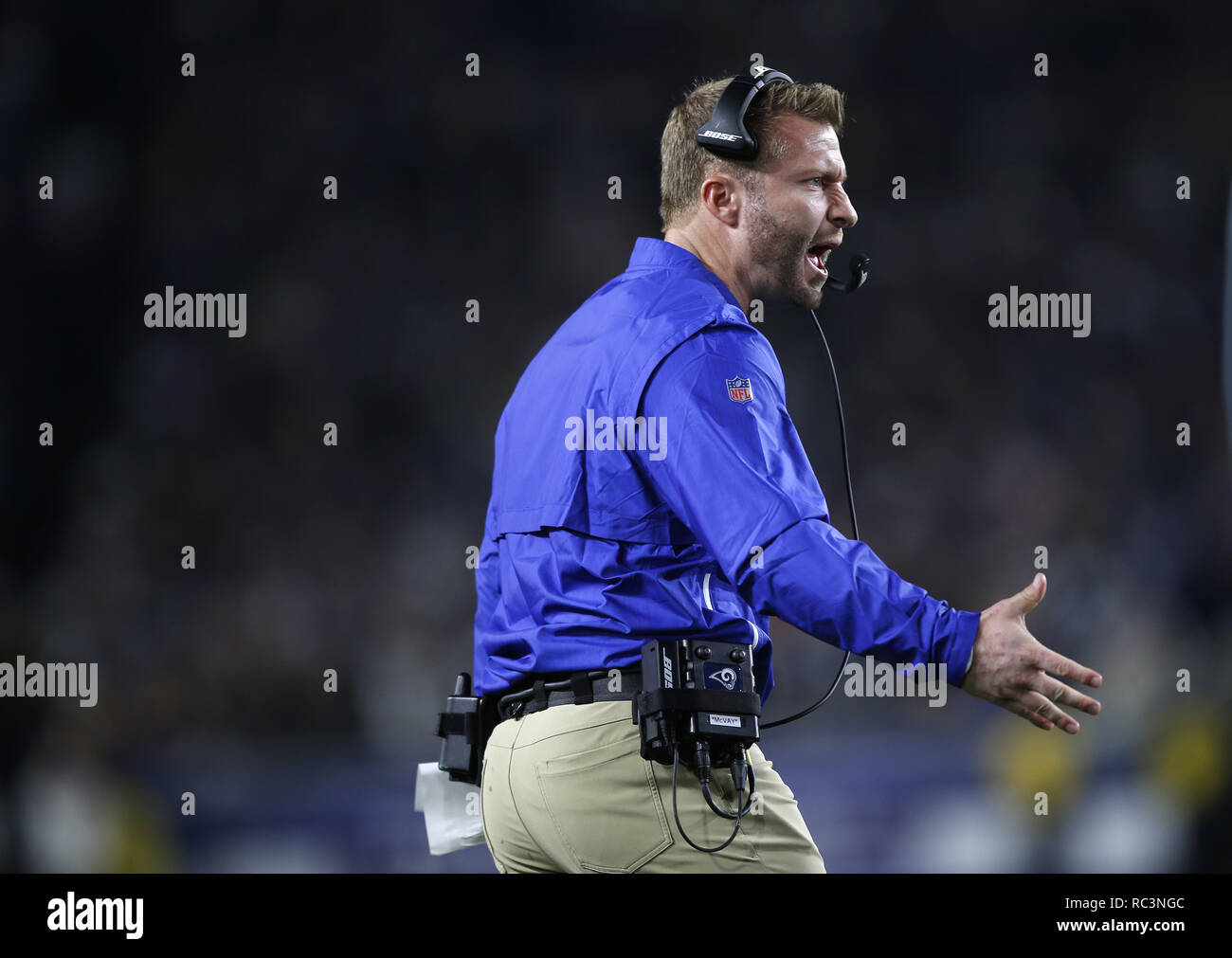 12 janvier 2019 - Los Angeles, Californie, États-Unis - Los Angeles Rams coach Sean McVay célèbre contre les Dallas Cowboys dans un match de division NFC au Los Angeles Memorial Coliseum. Les Rams a gagné 30-22. (Crédit Image : © Alfred KC/Zuma sur le fil) Banque D'Images