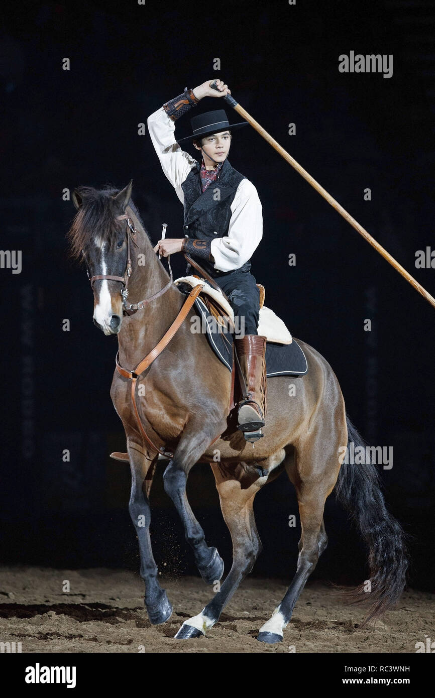 Denver, Colorado, États-Unis. 13 Jan, 2019. NICOLAS DIAZ effectue La Garrocha un haut de son cheval au cours de la 25ème. Rodéo mexicain au National Western Stock Show du Denver Coliseum dimanche après-midi. Credit : Hector Acevedo/ZUMA/Alamy Fil Live News Banque D'Images