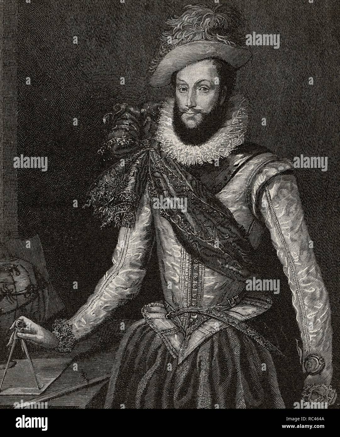 Sir Walter Raleigh (c. 1554-1618). Aristocrate anglais, écrivain, poète, soldat, courtisan, spy, et explorer. La gravure à 'El Mundo', 1880. Banque D'Images