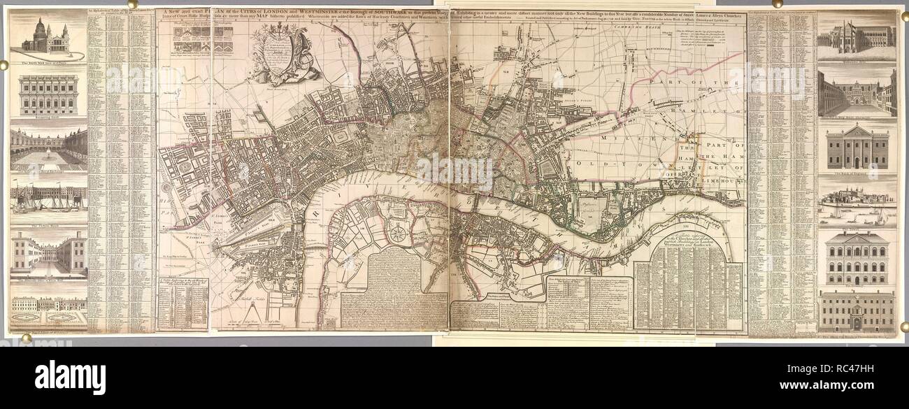 Londres et Westminster. Un nouveau plan exact et des villes de Londres et Londres : George W. Foster, 1738. La carte d'un nouveau Plan d'exact et les villes de Londres et de Westminster et le quartier de Southwark. Image réalisée à partir d'un nouveau Plan d'exact et les villes de Londres et de Westminster et le quartier de Southwark à présent cette année, 1738 du RESE. Sculptures de Bowen. Une échelle de 2 640 pieds [  = 97 mm]. 2 sh. 520 x 570 mm. Publié à l'origine/produit à Londres : Geo. Foster, 1738. . Source : Maps.K.Haut.20,33,. Langue : Anglais. Banque D'Images