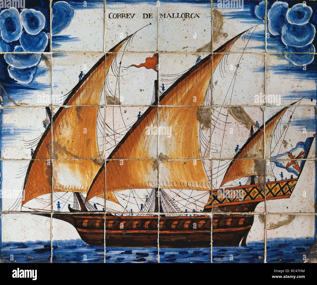 Panneau en céramique représentant le mail de Mallorca, xebec genre de bateau, 18ème siècle. Musée Maritime de Barcelone. L'Espagne. Banque D'Images