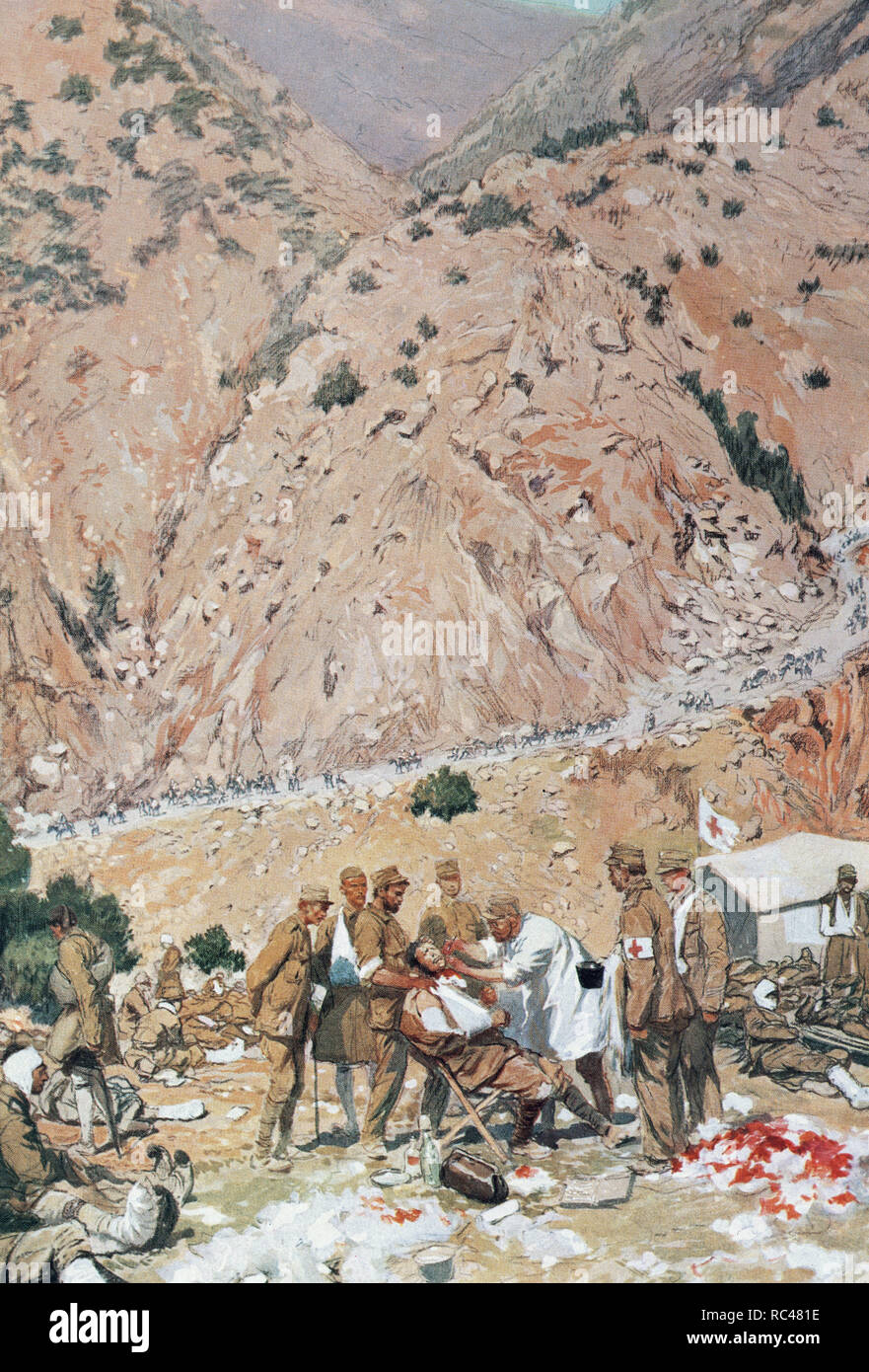 Seconde guerre des Balkans, 1913. Hôpital de campagne de l'armée grecque à l'entrée de la Gorges de Kresna. Aquarelle de Georges Scott, 1913. Banque D'Images