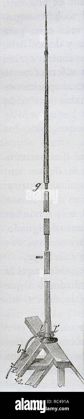 Début de paratonnerre, effectué auprès d'une seule très longue tige de fer. Il a été inventé en l'an 1752 (18e siècle) by Benjamin Franklin (1706-1790). Gravure, 19ème siècle. Banque D'Images