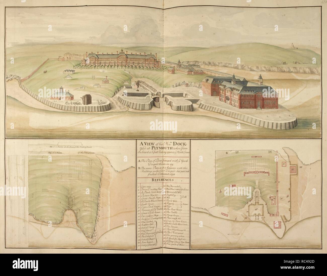 Illustration de l'embarcadère de Plymouth. Le port de l'arsenal et dans le Devon. . Une enquête et Description des principaux ports ... Une enquête et Description des principaux ports avec leurs chambres et les commodités offertes par l'établissement de l'érection, l'moaring secureing, et repose la Marine Royall d'Angleterre ... illustré par les plans et vues generall adéquate ou les perspectives de chaque lieu. . . Avec un compte de l'emprovements qui ont été faites à chaque chantier depuis la révolution 1688", rédigé en 1698. Les vues sont soigneusement dessiné, et de nombreux plans sont à grande échelle. Plans comparatifs des arsenaux maritimes je Banque D'Images