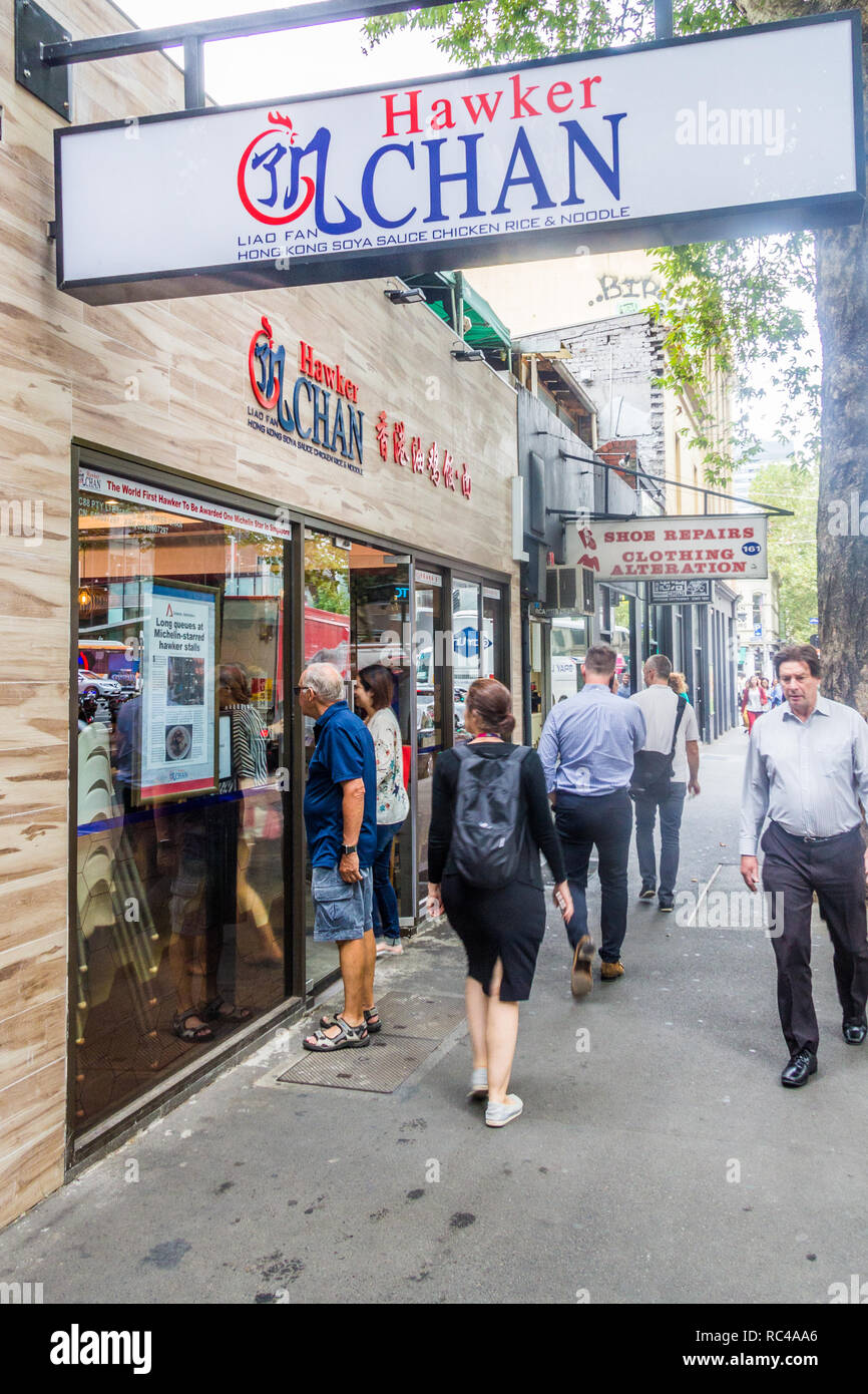 Melbourne, Australie - 21 Février 2018 : au-delà d'un Hawker Chan restaurant. L'original de Singapour est une étoile Michelin. Banque D'Images