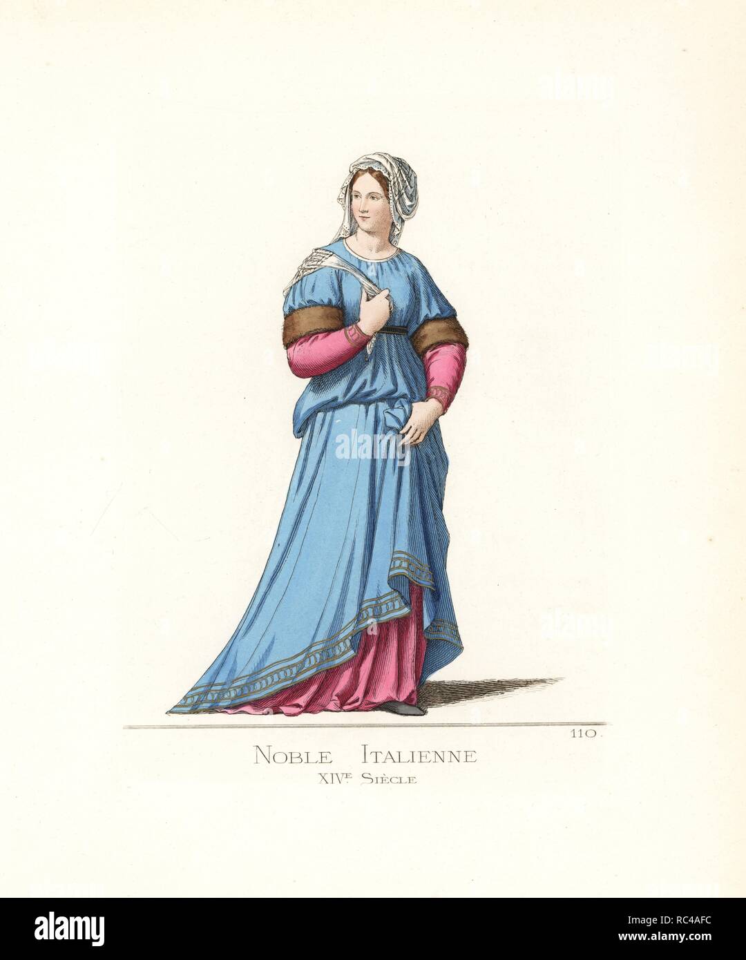 Costume d'un aristocrate italien, 14e siècle. Elle porte un voile, une robe  bleue ornée de fourrure et bordés d'or, sur une robe rose. D'après une  peinture à l'Académie des beaux-arts, Sienne. Illustration