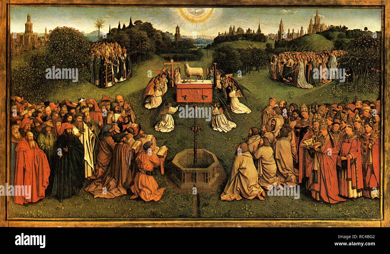 Le retable de Gand. L'Adoration de l'Agneau Mystique (détail). Musée : Cathédrale Saint-Bavon, Gand. Auteur : VAN EYCK, JAN. Banque D'Images