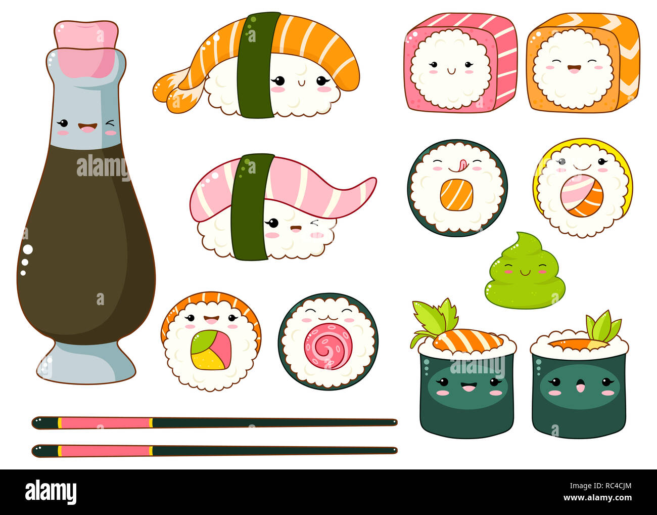 Ensemble de rouleaux de sushi et mignon des icônes dans le style kawaii avec sourire et joues roses. La cuisine traditionnelle japonaise. Bouteille avec soy souse, côtelettes Banque D'Images