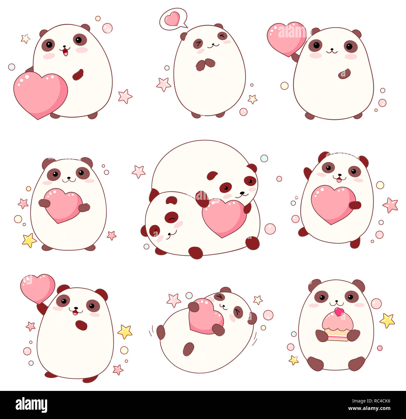 Happy Valentine's day. Collection de pandas mignons avec coeurs roses en style kawaii. Spe8 Banque D'Images