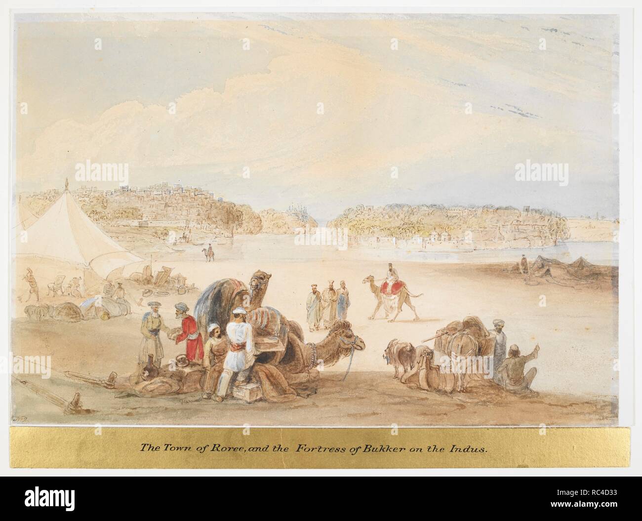 Rohri et l'île forteresse de Bakhar (Sind). Des tentes sur la gauche près  de la rivière, les bagages des chameaux, bœufs et chèvres en premier plan.  "Dans Afghaunistan,Croquis â€™ planche 2. Inscrit