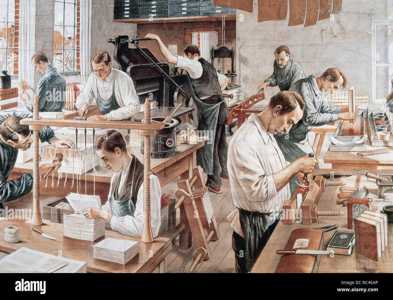 Les travailleurs d'un atelier de reliure. Lithographie du xixe siècle. Banque D'Images