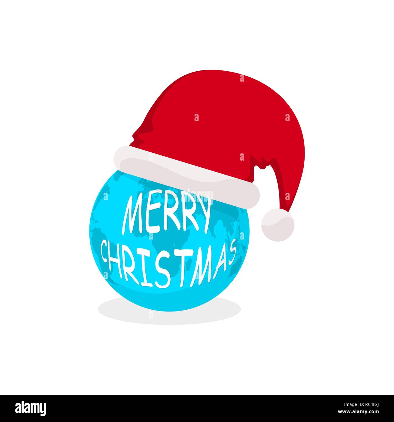 Santa Claus hat avec boule de noël bleu en version plate. Vector illustration. Santa hat avec Joyeux Noël texte Illustration de Vecteur