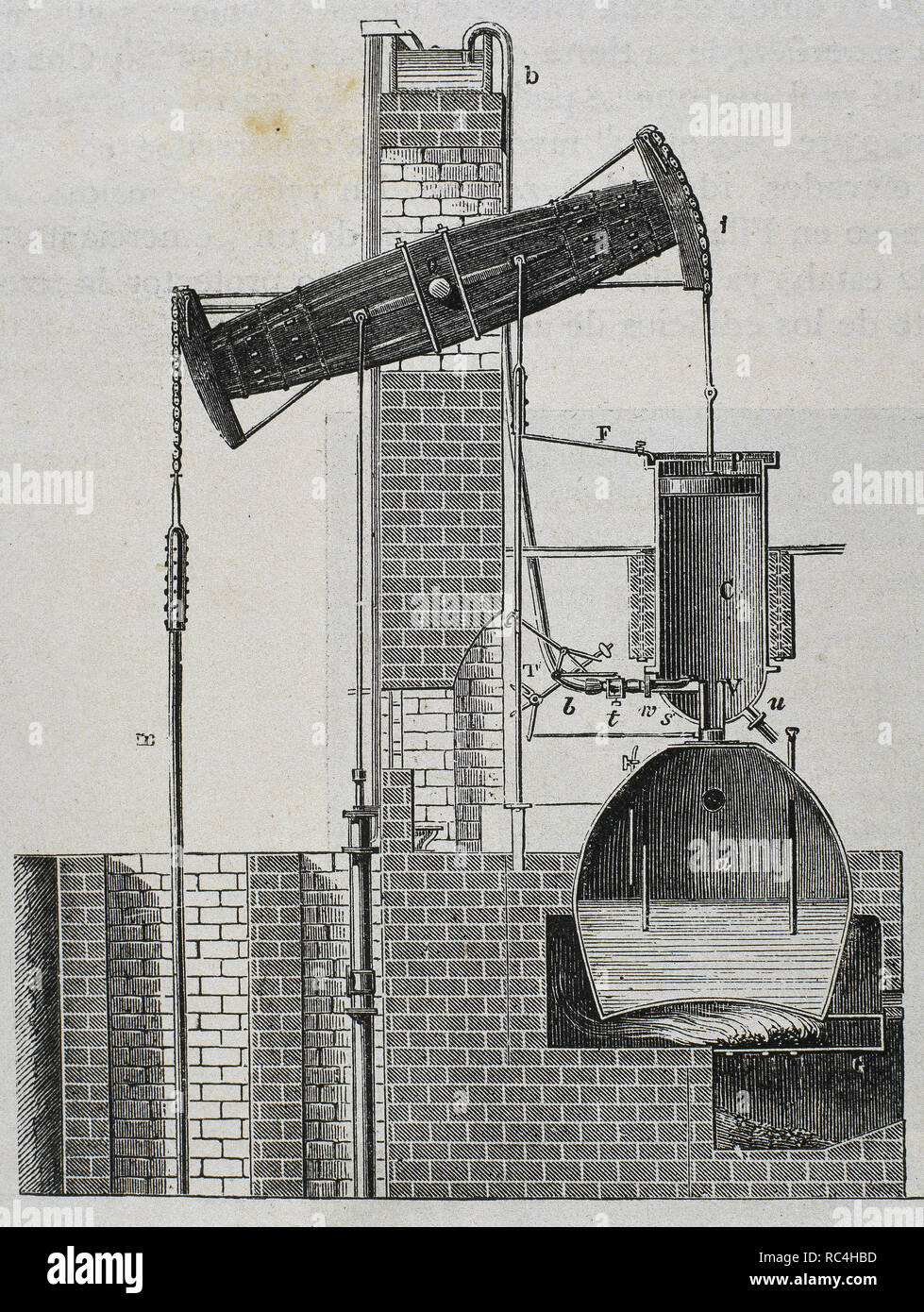 Moteur à vapeur Newcomen inventé par Thomas Newcomen en 1712. Il s'agissait d'une pompe conçue pour réduire la vapeur d'eau dans les galeries de mines. La gravure. Banque D'Images