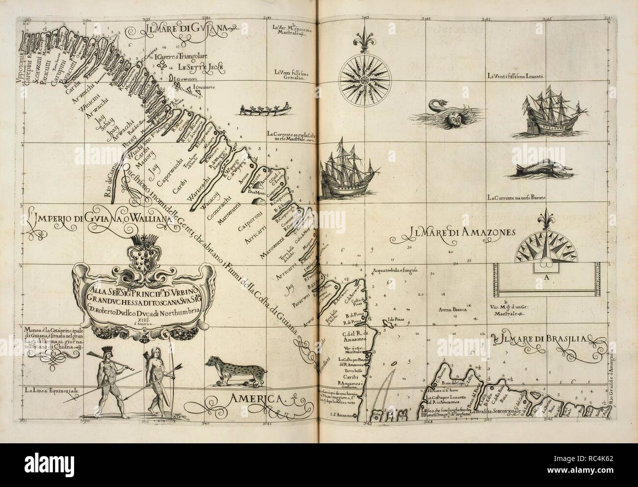 La carte d'Il Mari di l''Amazones. Un Côte de la région des Amériques. Un tableau daté de 1646. . L'Amérique. [Une collection de 31 tableaux, gravée par Antonio Francesco dans : Robert gérant l'Dudleyâ. Firenze. Publié en 1646, 1647. Source : G.2899 127. Langue : Italien. Banque D'Images