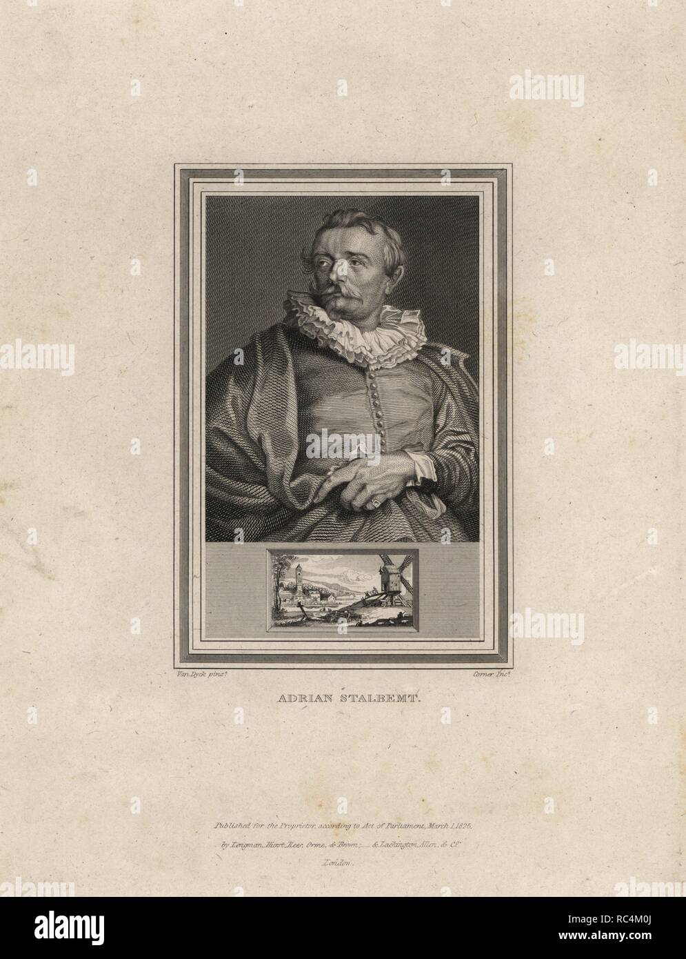 Portrait d'Adrian Stalbemt (1580-1660), artiste paysage flamand.. Portrait par Van Dyck, gravure sur acier par John Corner, de 'Portraits de peintres célèbres de médaillons de leurs meilleures performances' 1825. Banque D'Images