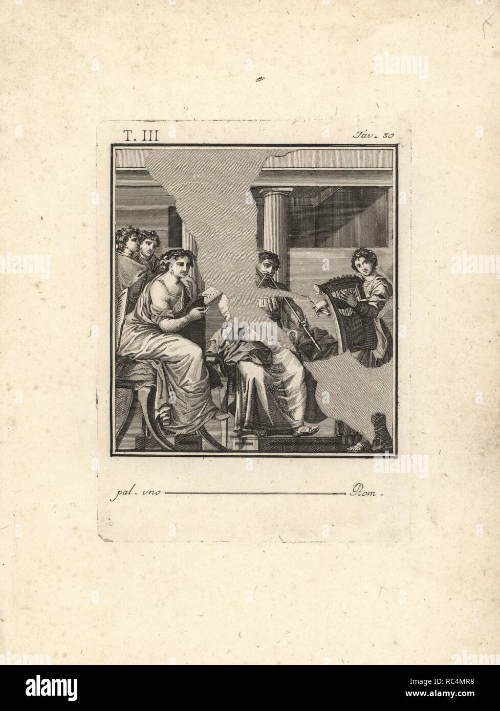 Un concert de musique. Un chanteur chante à partir de la poétesse ou un petit volume accompagné d'un Tibicine sur un tibia (double flûte) et d'un Fidicine sur une lyre liée à son bras avec un ruban. La gravure sur cuivre par Tommaso Piroli de ses antiquités de Herculanum (Antichita di Ercolano), Rome, 1790. Banque D'Images