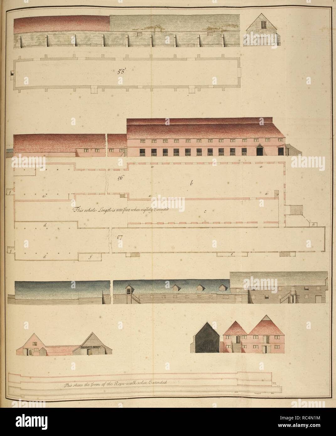Élévation avant et le plan de bâtiment de la marine royale à l'arsenal naval de Portsmouth. Côte sud. . Une enquête et Description des principaux ports avec leurs chambres et les commodités offertes par l'établissement... Une enquête et Description des principaux ports avec leurs chambres et les commodités offertes par l'établissement de l'érection, l'moaring secureing, et repose la Marine Royall d'Angleterre ... illustré par les plans et vues generall adéquate ou les perspectives de chaque lieu. . . Avec un compte de l'emprovements qui ont été faites à chaque chantier depuis la révolution 1688", rédigé en 1698. Les vues sont soigneusement dessiné, et beaucoup de Banque D'Images
