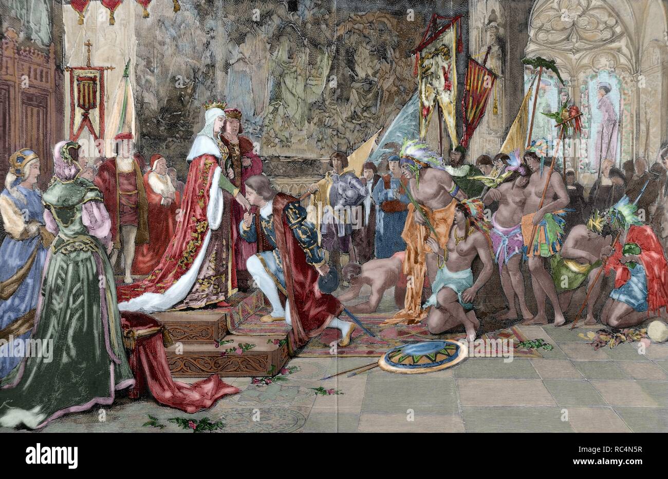 Christophe Colomb (1451-1506). Navigateur génois. Présentation de Colomb à Ferdinand et Isabelle, les Rois Catholiques, à Barcelone. Gravure par Rico après une peinture de de Ricardo Anckermann. L'illustration artistique. De couleur. Banque D'Images
